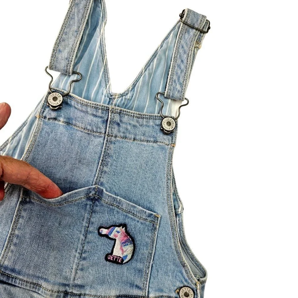 Jette Kids Denim Shorts Bib Overalls Girls 7/8 Cotton Stretch Lightwash Unicorn